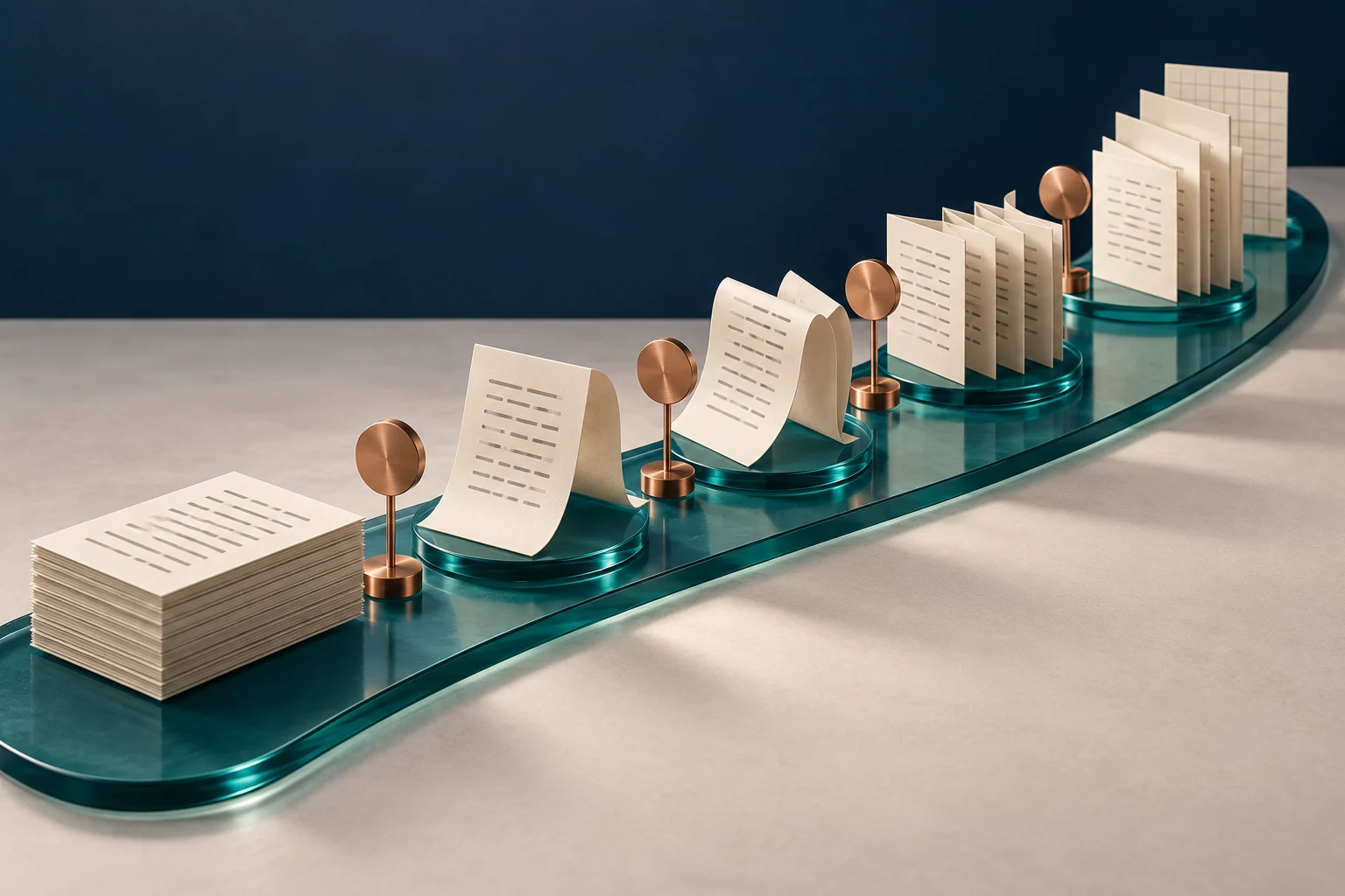 Folded paper and copper markers along a curved teal track, representing research milestones.